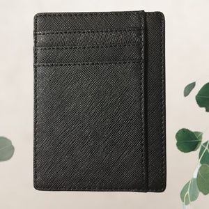 Vegan Saffiano Leather Black Credit Card Holder Wallet New Without Tags